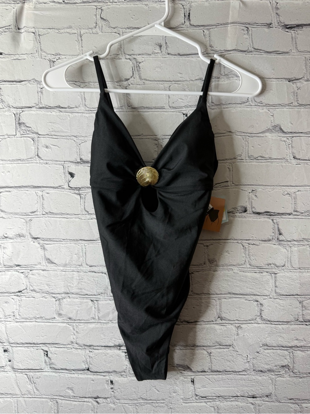 NWT shade and shore Black V-Neck one piece with Decorative Gold Accent XS